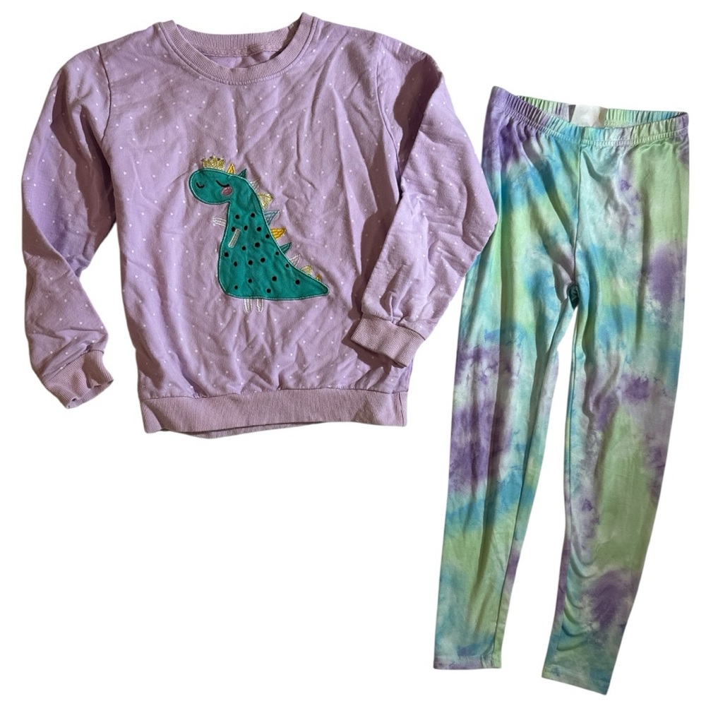 EEUC Purple Dinosaur appliqué Sweatshirt and Tie-Dye Leggings Set 6/6x